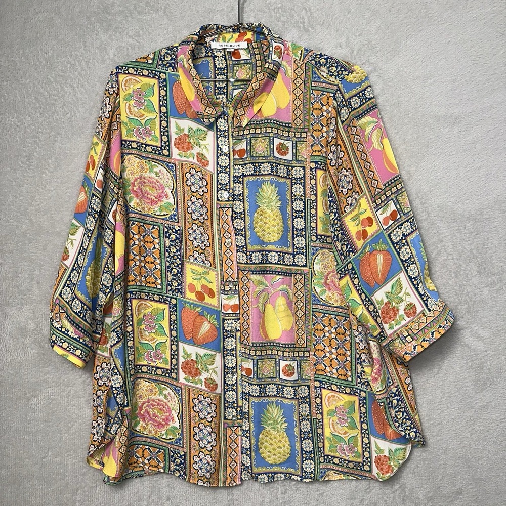 Rose & Olive Colorful Patchwork Button Up Top Fruit Floral Artsy Women's Size 1X